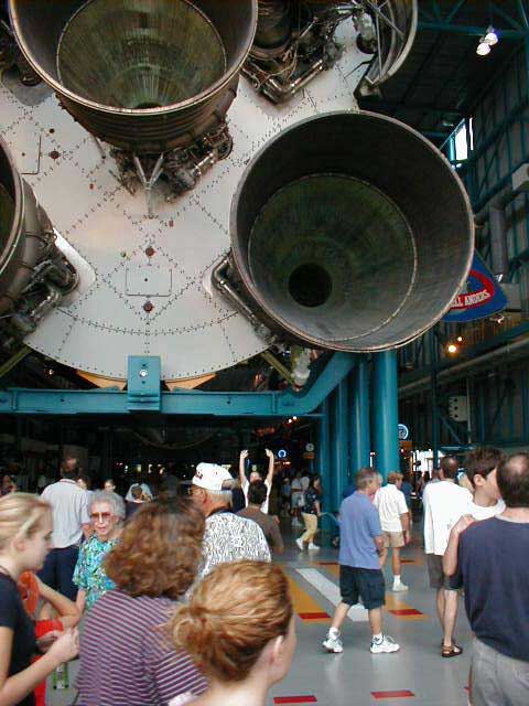 Next we toured a huge building with one of the 13 original Saturn V rockets .. and man it was big...Check it out, there's Sue with her hands up!